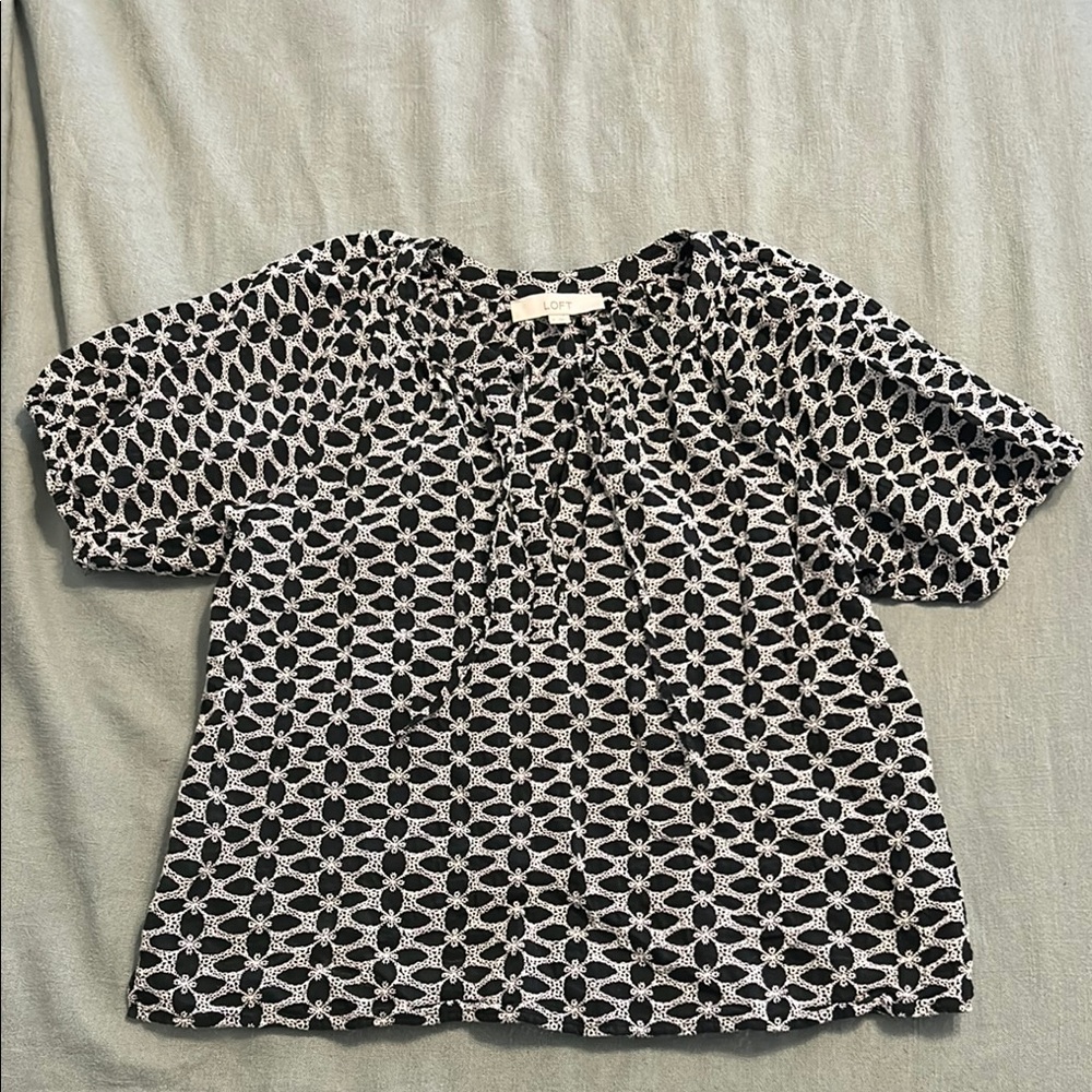 LOFT Black and White Boxy Tie Front Blouse
